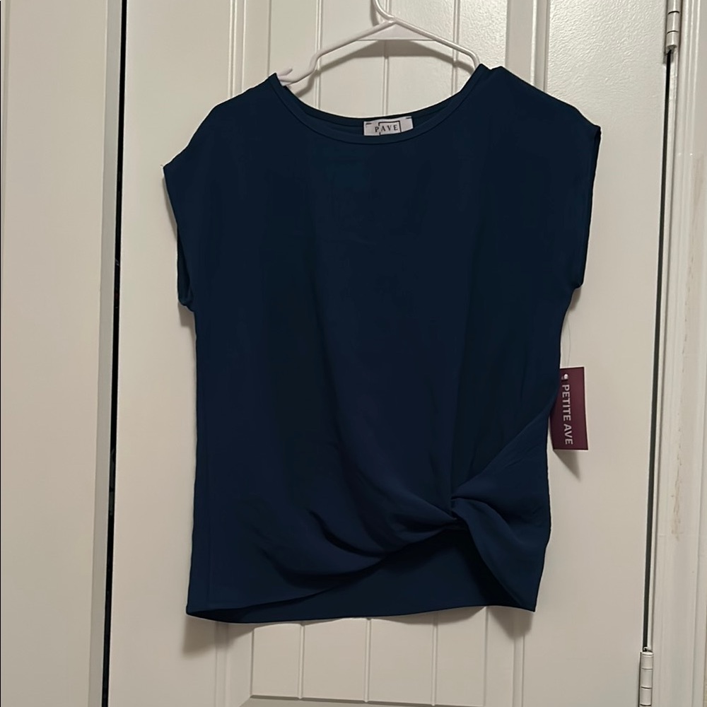 Pave Blue Asymmetrical Tie Front Cap Sleeve Blouse